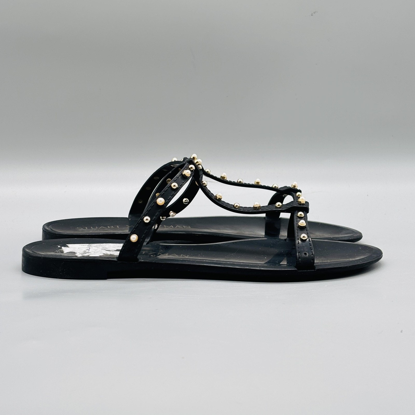 Stuart Weitzman Sandals Womens 7 Black Jelly Studded Pearl Thong Slip On Shoes